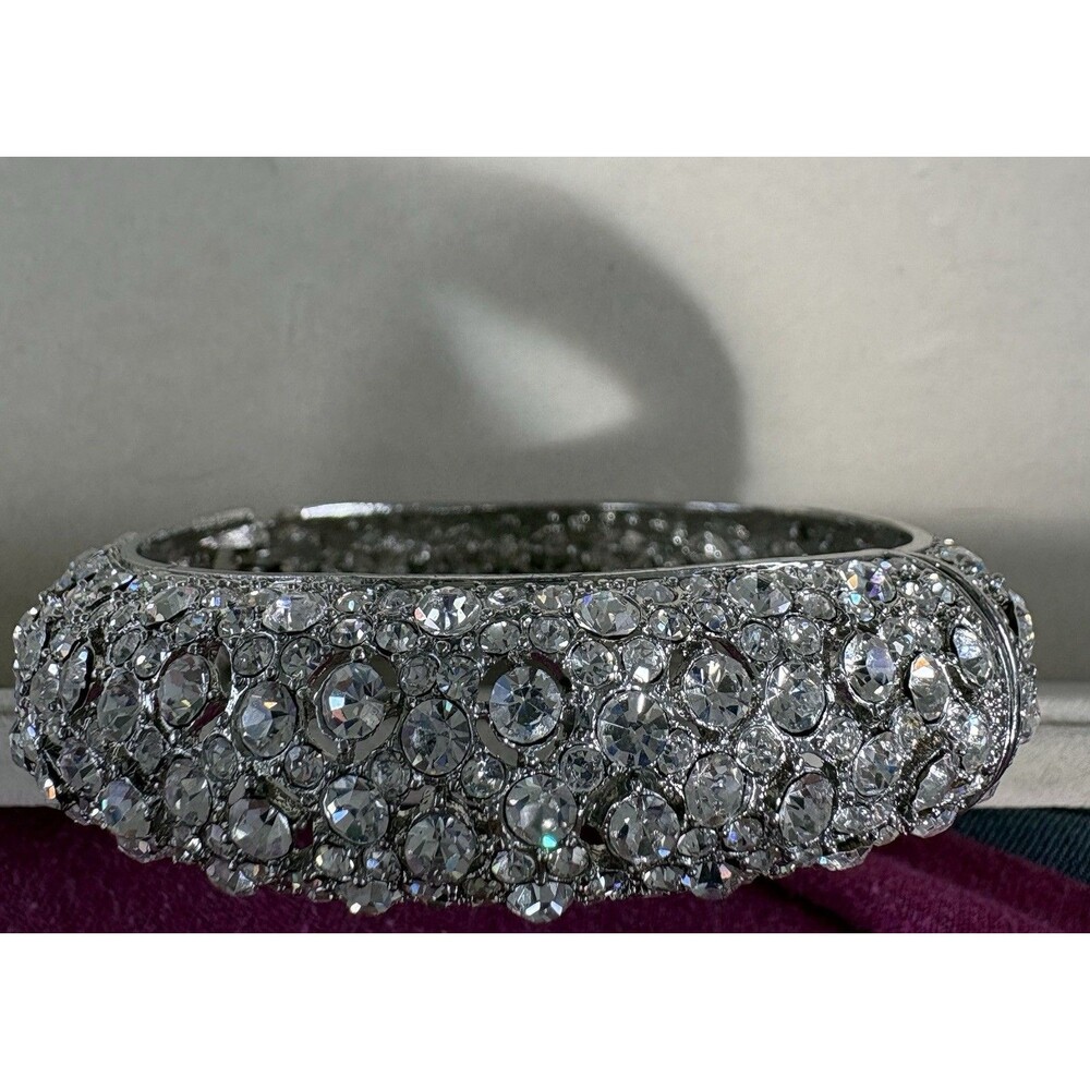 Wide Rhinestone Encrusted Magnetic Clamper Bangle Bracelet Silver Toned 2.5”D
